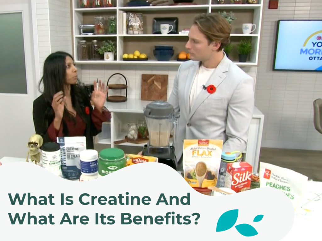 Jenni from Caven Nutrition speaking at CTV Morning Live with an arrangement of various foods and creatine.